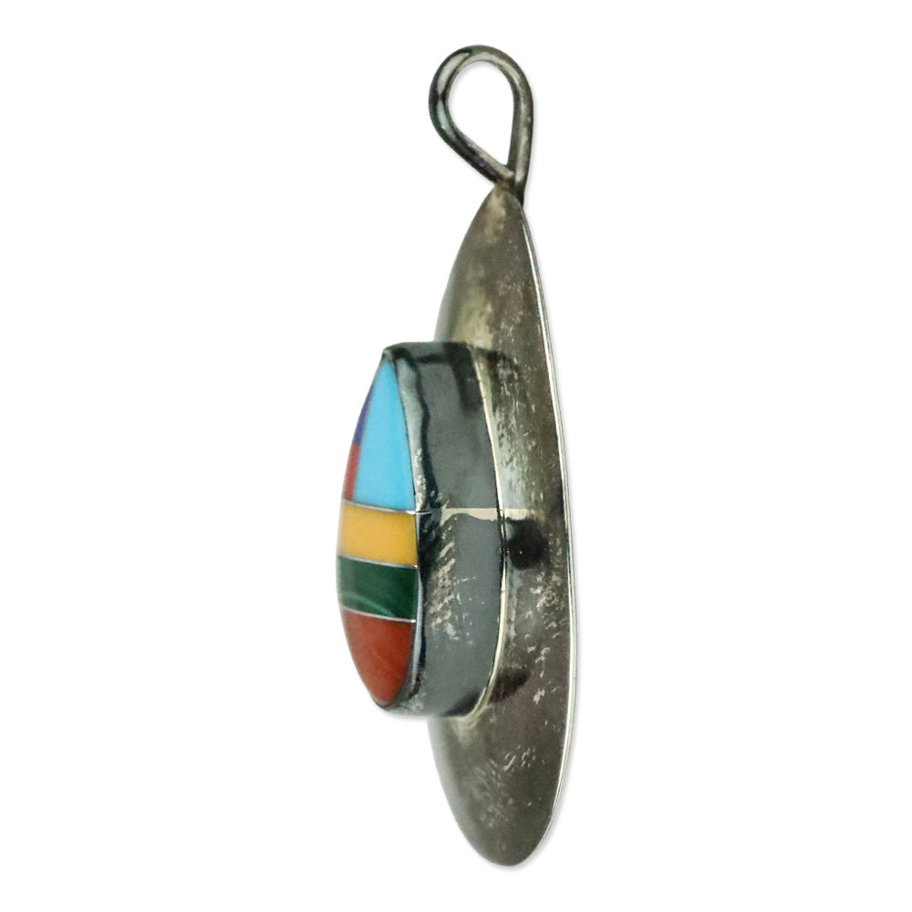 Native American Multi-Color Stone Inlaid Sterling Silver Pear Shape Pendant
