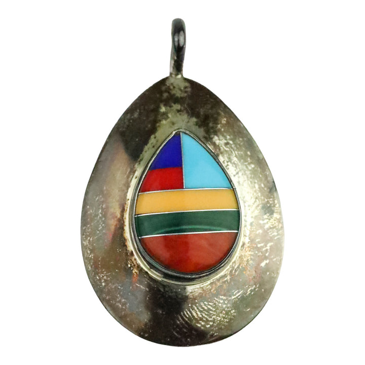Native American Multi-Color Stone Inlaid Sterling Silver Pear Shape Pendant