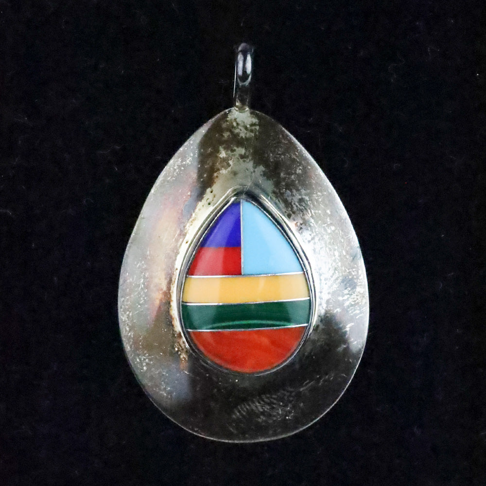 Native American Multi-Color Stone Inlaid Sterling Silver Pear Shape Pendant
