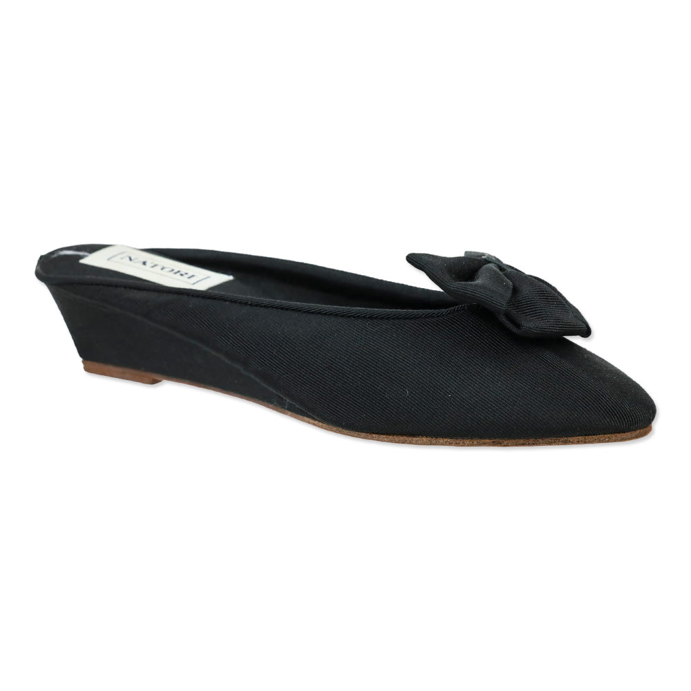 Natori Black Grosgrain Bow Wedge Mules