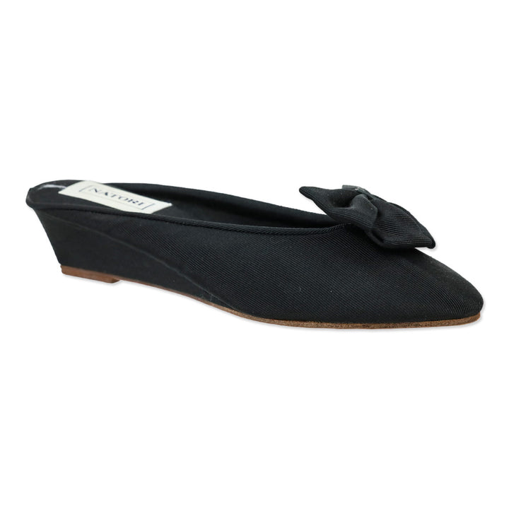 Natori Black Grosgrain Bow Wedge Mules
