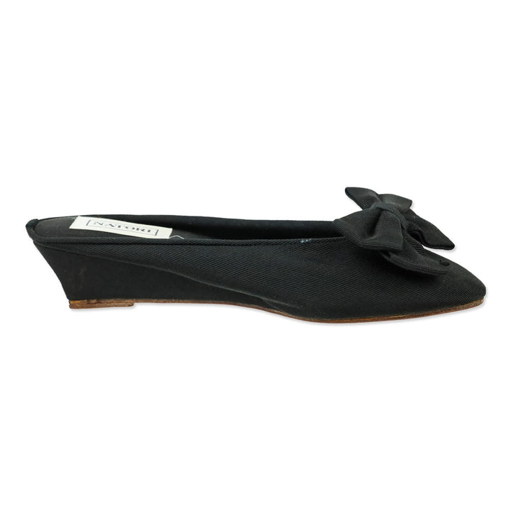 Natori Black Grosgrain Bow Wedge Mules