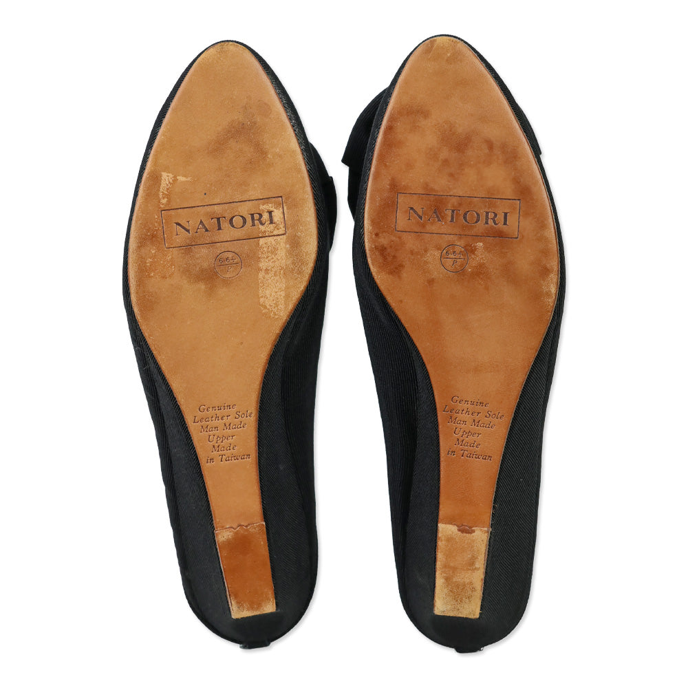 Natori Black Grosgrain Bow Wedge Mules