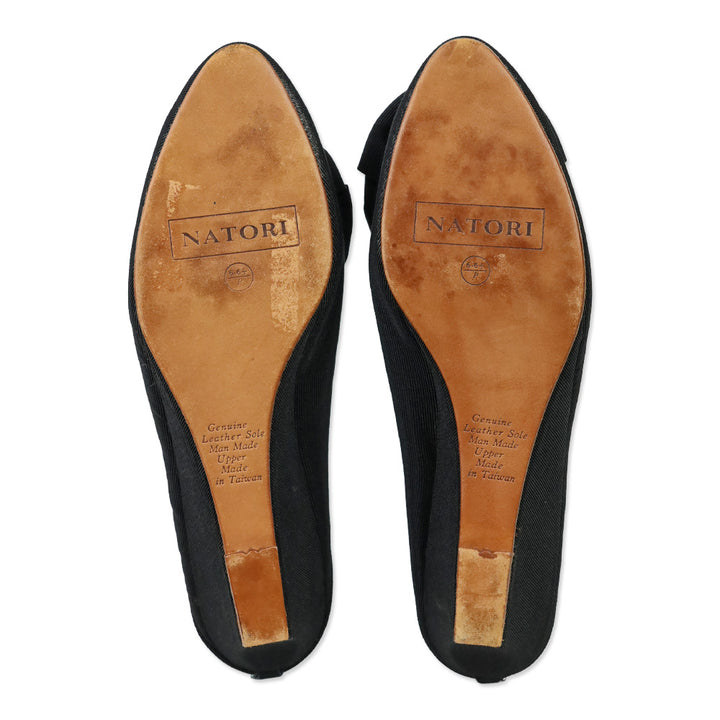 Natori Black Grosgrain Bow Wedge Mules