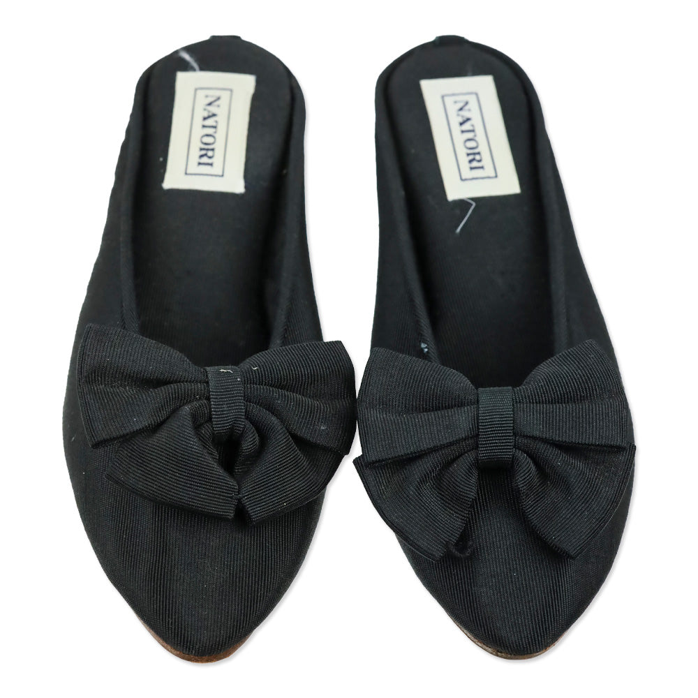 Natori Black Grosgrain Bow Wedge Mules