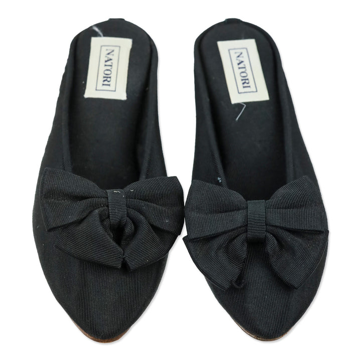 Natori Black Grosgrain Bow Wedge Mules