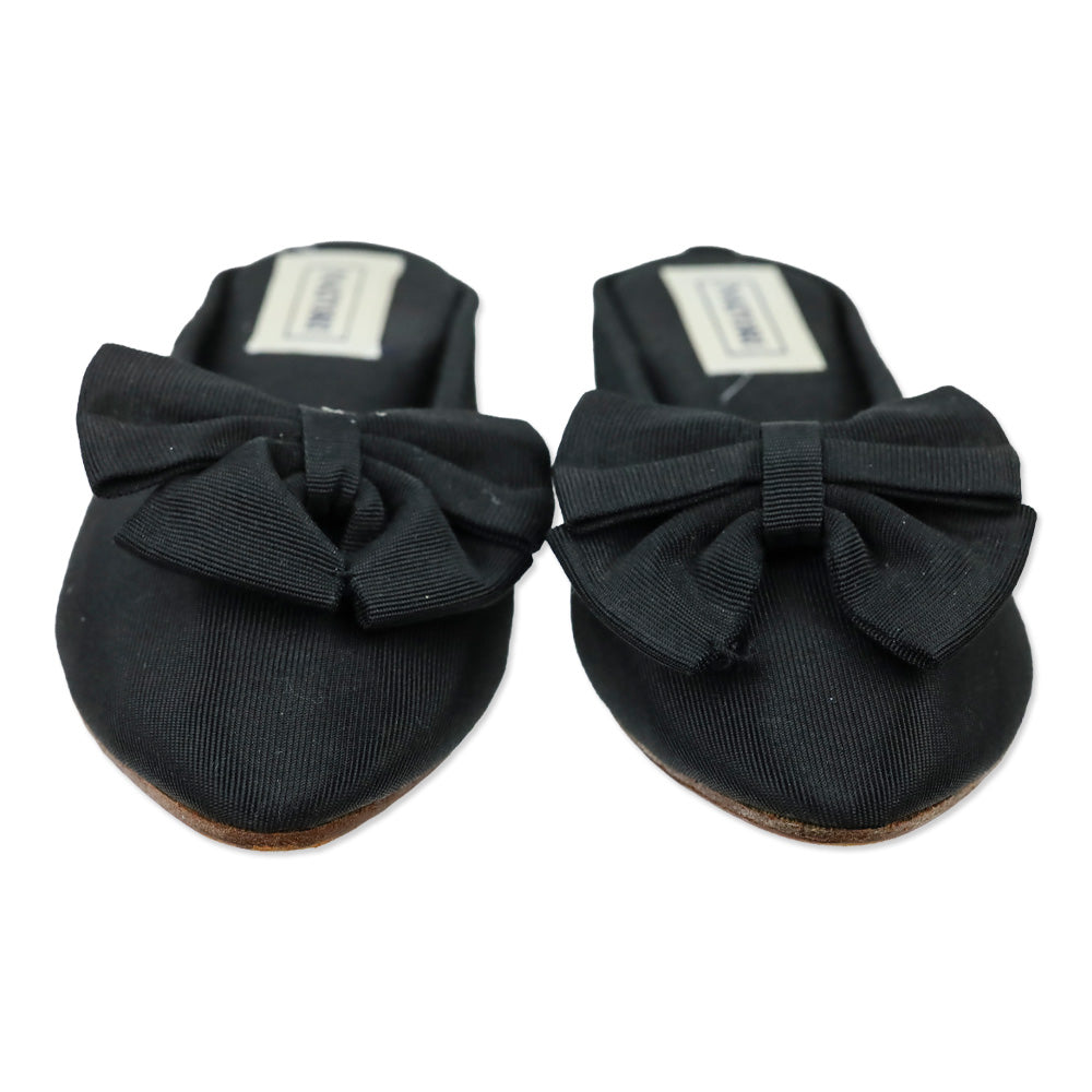 Natori Black Grosgrain Bow Wedge Mules