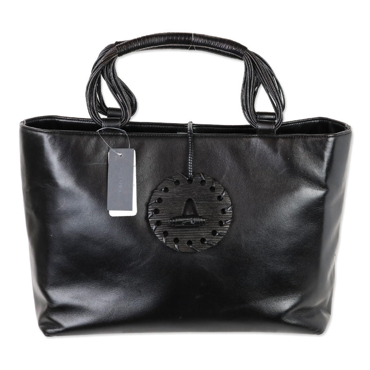 Natori Black Leather Tote with Braided Handle