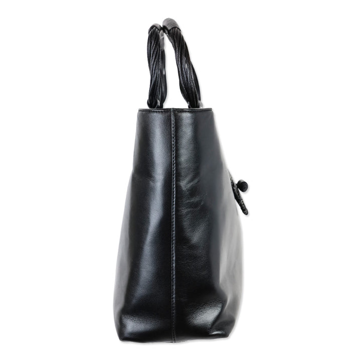 Natori Black Leather Tote with Braided Handle