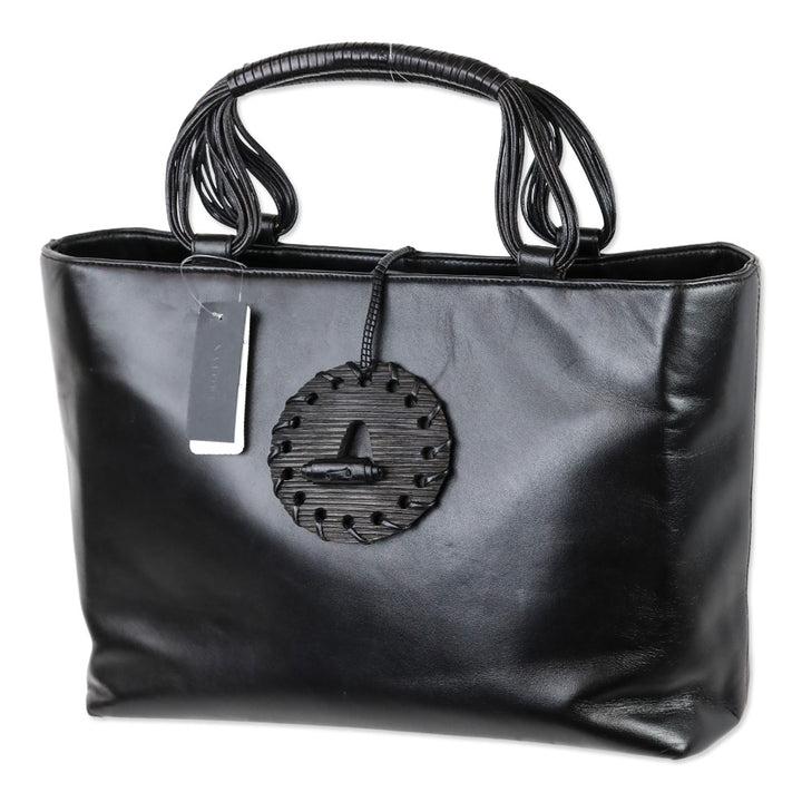 Natori Black Leather Tote with Braided Handle