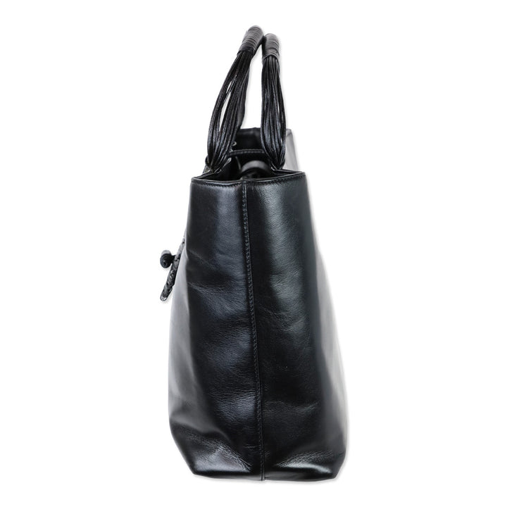 Natori Black Leather Tote with Braided Handle