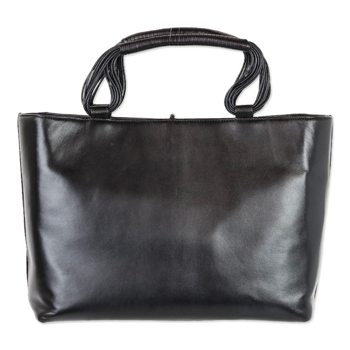 Natori Black Leather Tote with Braided Handle