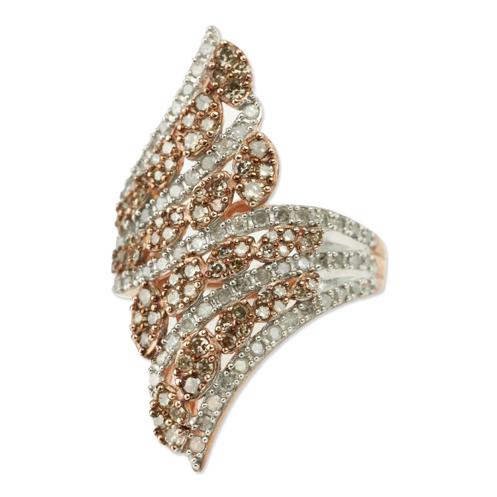 Natural Champagne and White Diamond Bypass Ring in Vermeil RG Over Sterling Silver
