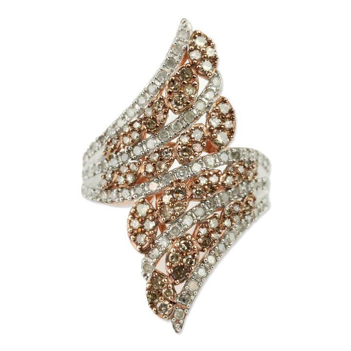 Natural Champagne and White Diamond Bypass Ring in Vermeil RG Over Sterling Silver