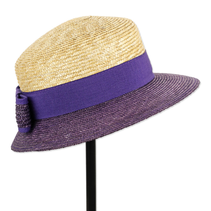 Natural/Purple Color Blocked Straw Hat with Bow Accent