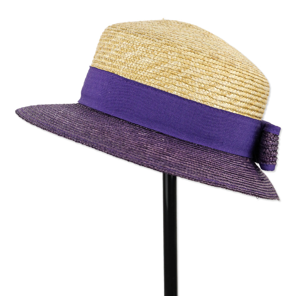Natural/Purple Color Blocked Straw Hat with Bow Accent