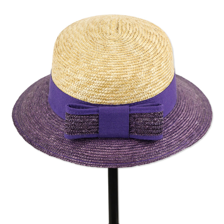 Natural/Purple Color Blocked Straw Hat with Bow Accent