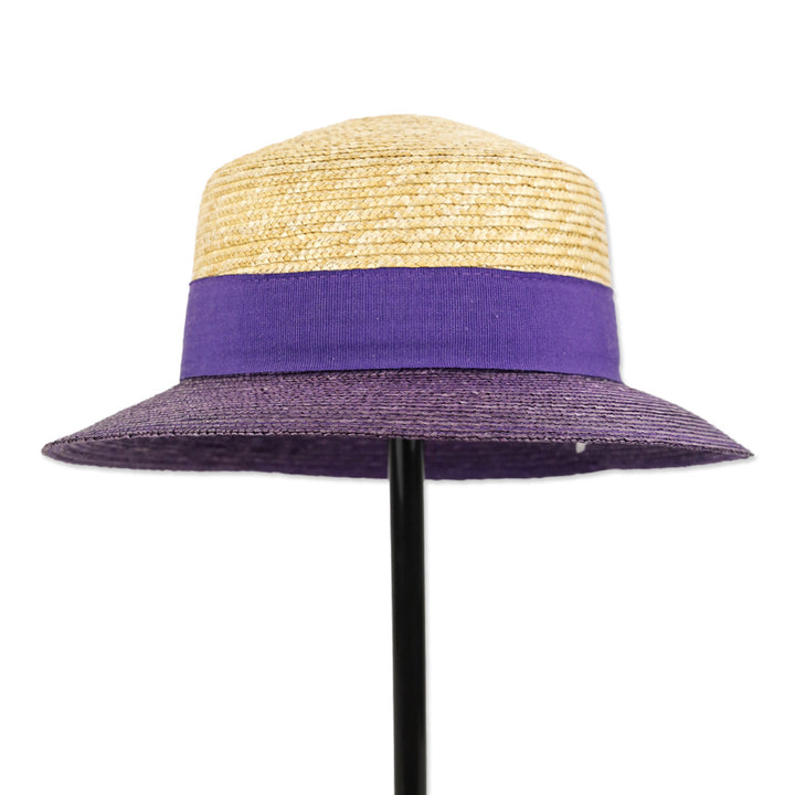Natural/Purple Color Blocked Straw Hat with Bow Accent