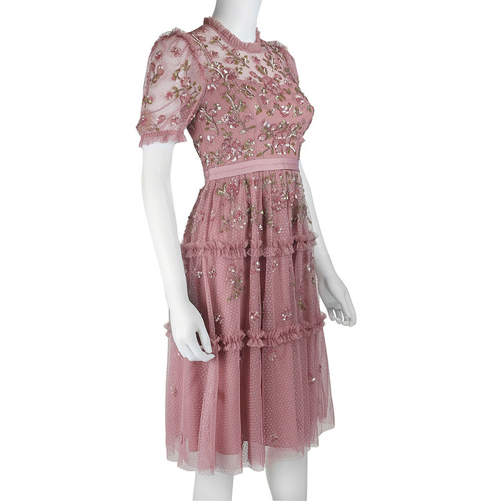 Needle & Thread Pink Mesh & Floral Sequin Midi Dress