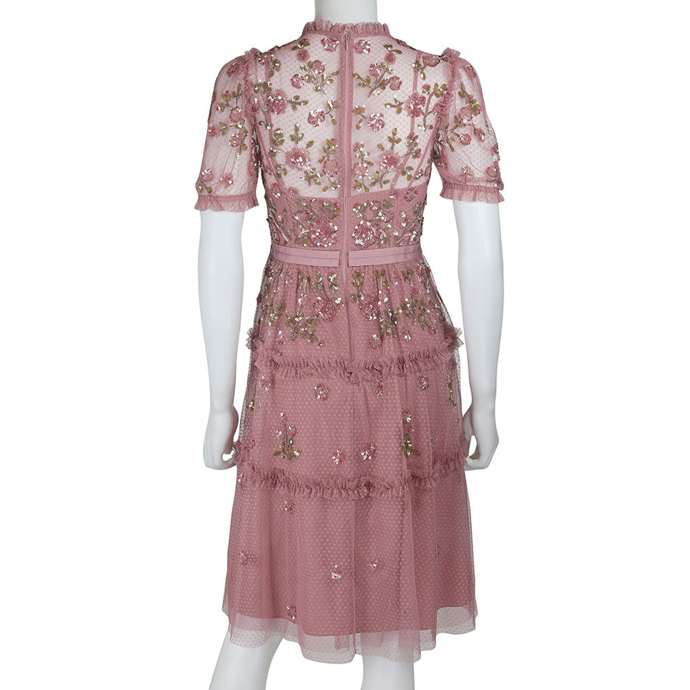 Needle & Thread Pink Mesh & Floral Sequin Midi Dress