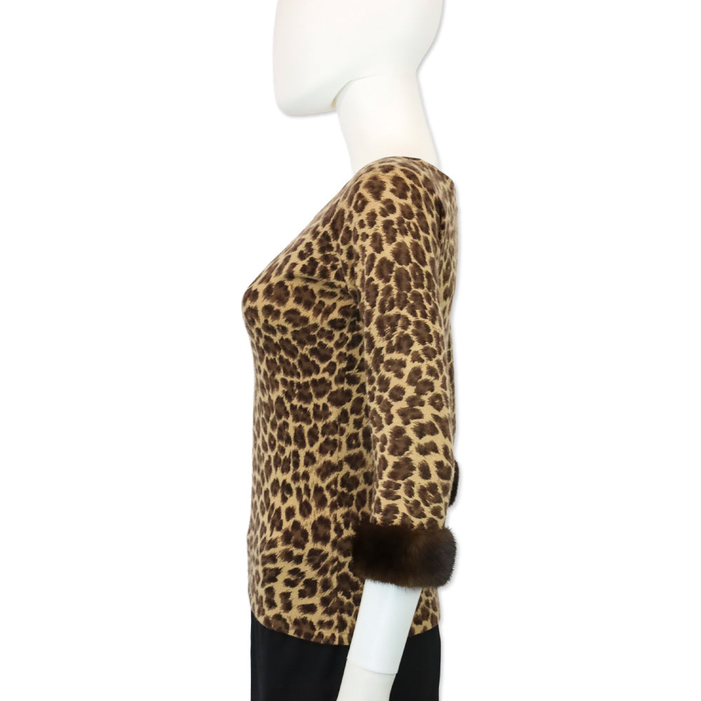 Neiman Marcus Cashmere Leopard Print Cashmere Knit Mink Cuff Sweater