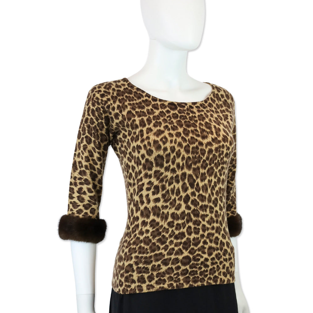 Neiman Marcus Cashmere Leopard Print Cashmere Knit Mink Cuff Sweater