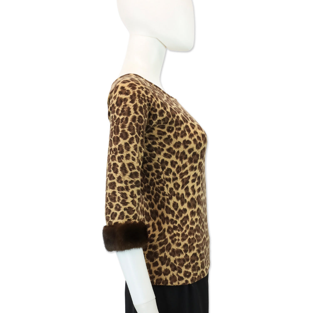 Neiman Marcus Cashmere Leopard Print Cashmere Knit Mink Cuff Sweater