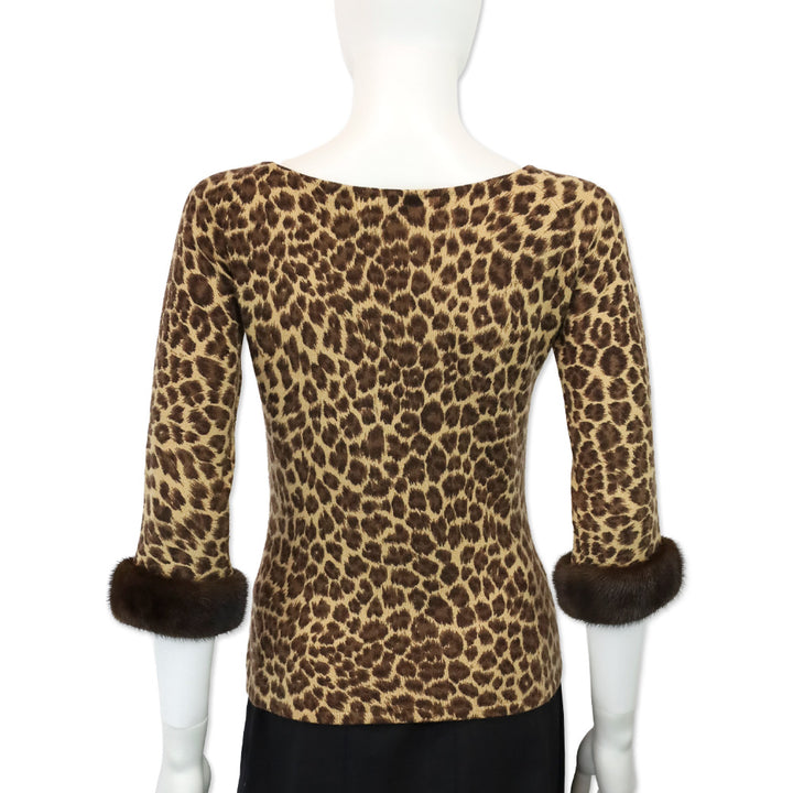Neiman Marcus Cashmere Leopard Print Cashmere Knit Mink Cuff Sweater