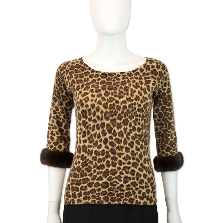 Neiman Marcus Cashmere Leopard Print Cashmere Knit Mink Cuff Sweater