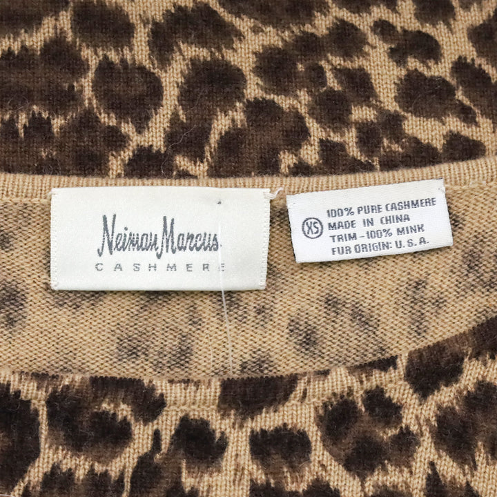 Neiman Marcus Cashmere Leopard Print Cashmere Knit Mink Cuff Sweater