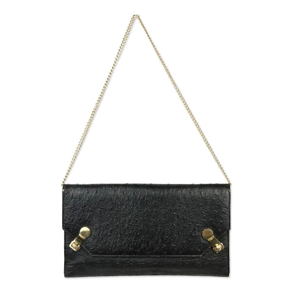 Nicholas Reich Black Ostrich Leather Envelope Shoulder Bag