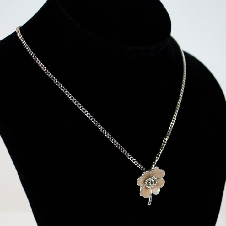 Chanel Sterling Silver & Enamel Strass Clover Pendant Necklace