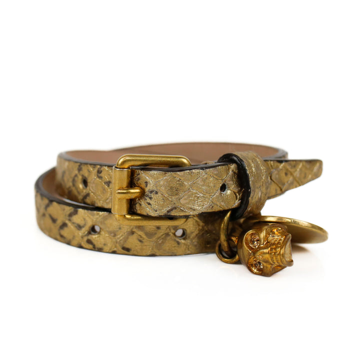 Alexander McQueen Embossed Gold Leather Double Wrap Bracelet