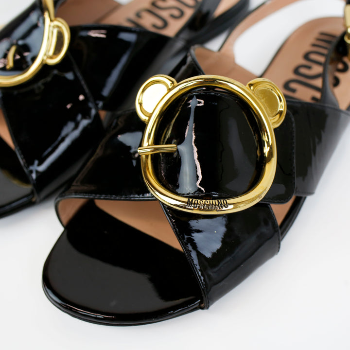 Moschino Black Patent Leather Slingback Flat Sandals