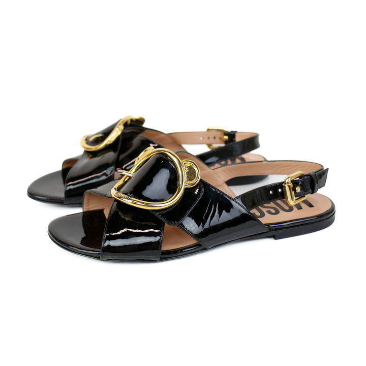 Moschino Black Patent Leather Slingback Flat Sandals