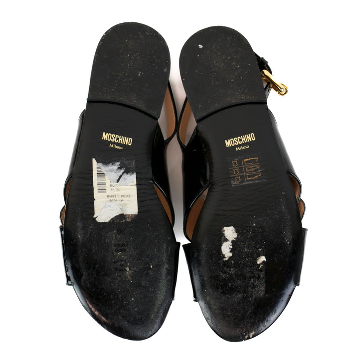Moschino Black Patent Leather Slingback Flat Sandals