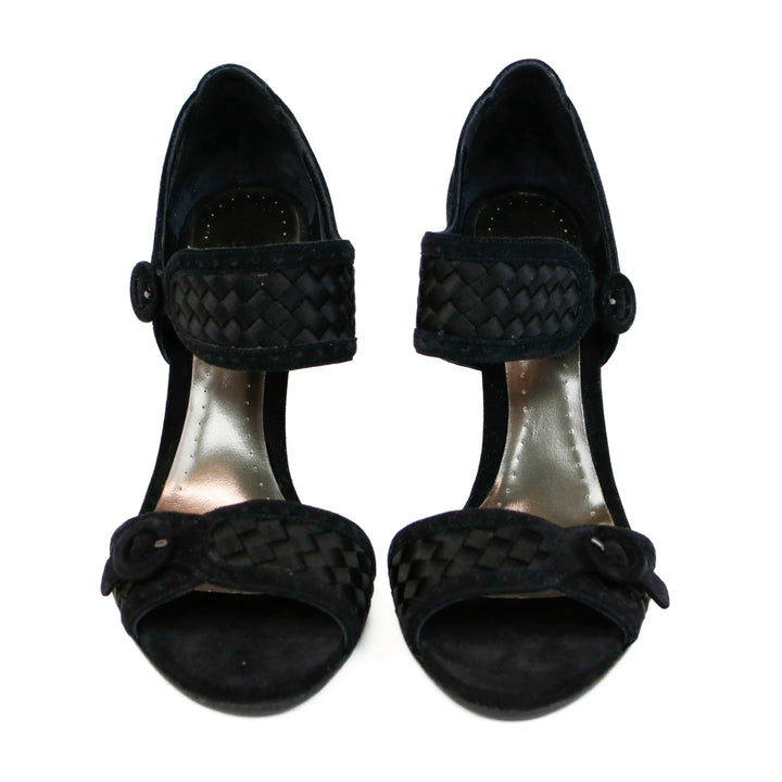 Bottega Veneta Black Suede Open Toe Woven Strap Sandals