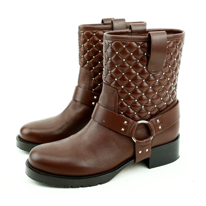 side view of Valentino Brown Quilted Leather Rockstud Moto Boots