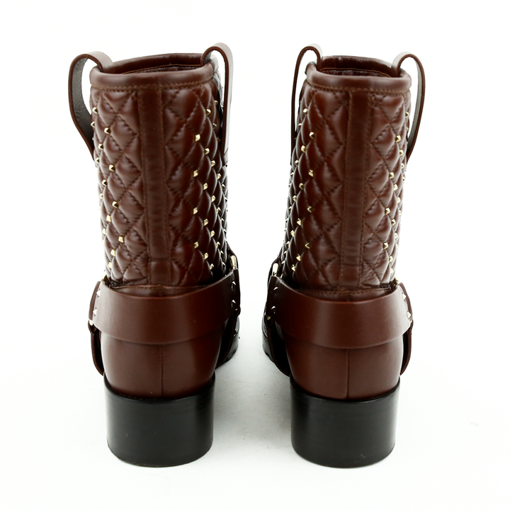 back view of Valentino Brown Quilted Leather Rockstud Moto Boots