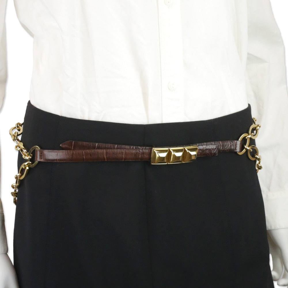 Orciani Brown Croc-Embossed Leather Gold Chain Belt