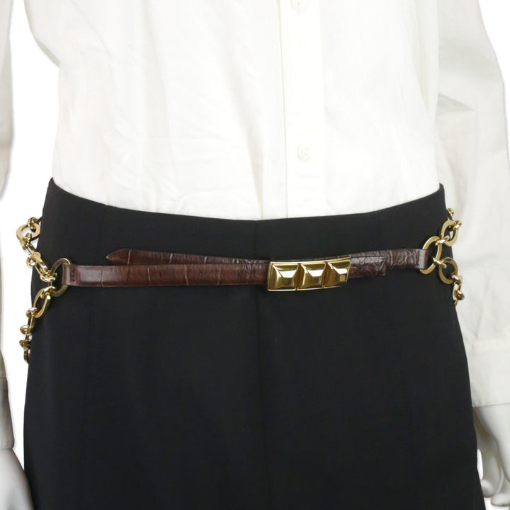 Orciani Brown Croc-Embossed Leather Gold Chain Belt