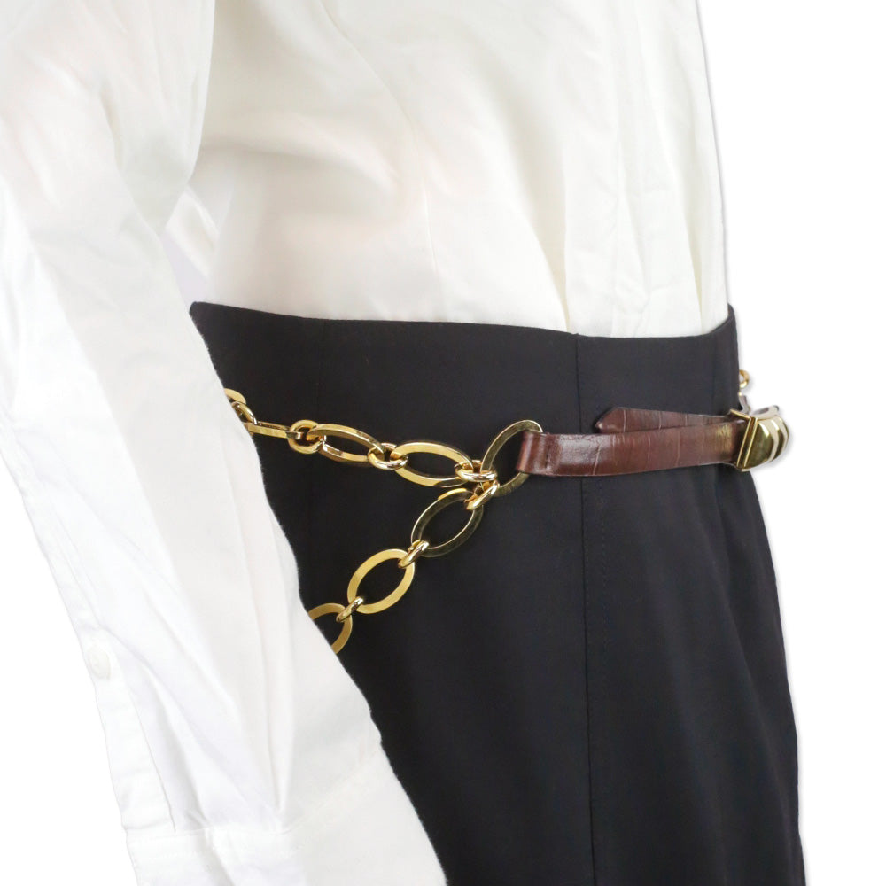 Orciani Brown Croc-Embossed Leather Gold Chain Belt