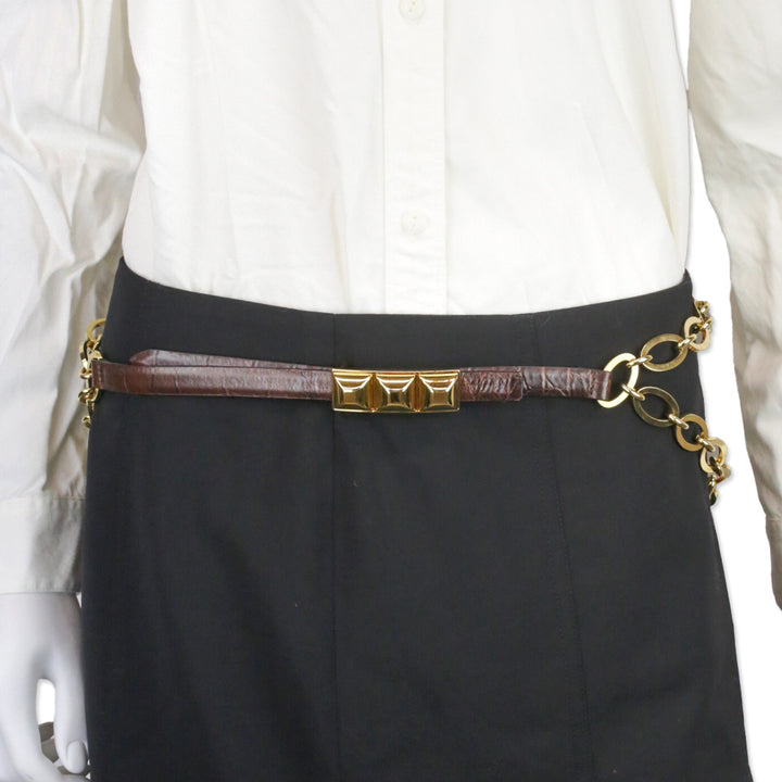 Orciani Brown Croc-Embossed Leather Gold Chain Belt