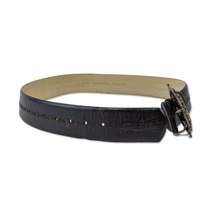 Orciani Brown Leather Bronze Buckle Belt with Stitch Detailing