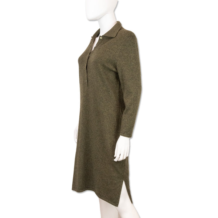 Oscar De La Renta Olive Cashmere Collared Long Sleeves Sweater Midi Dress