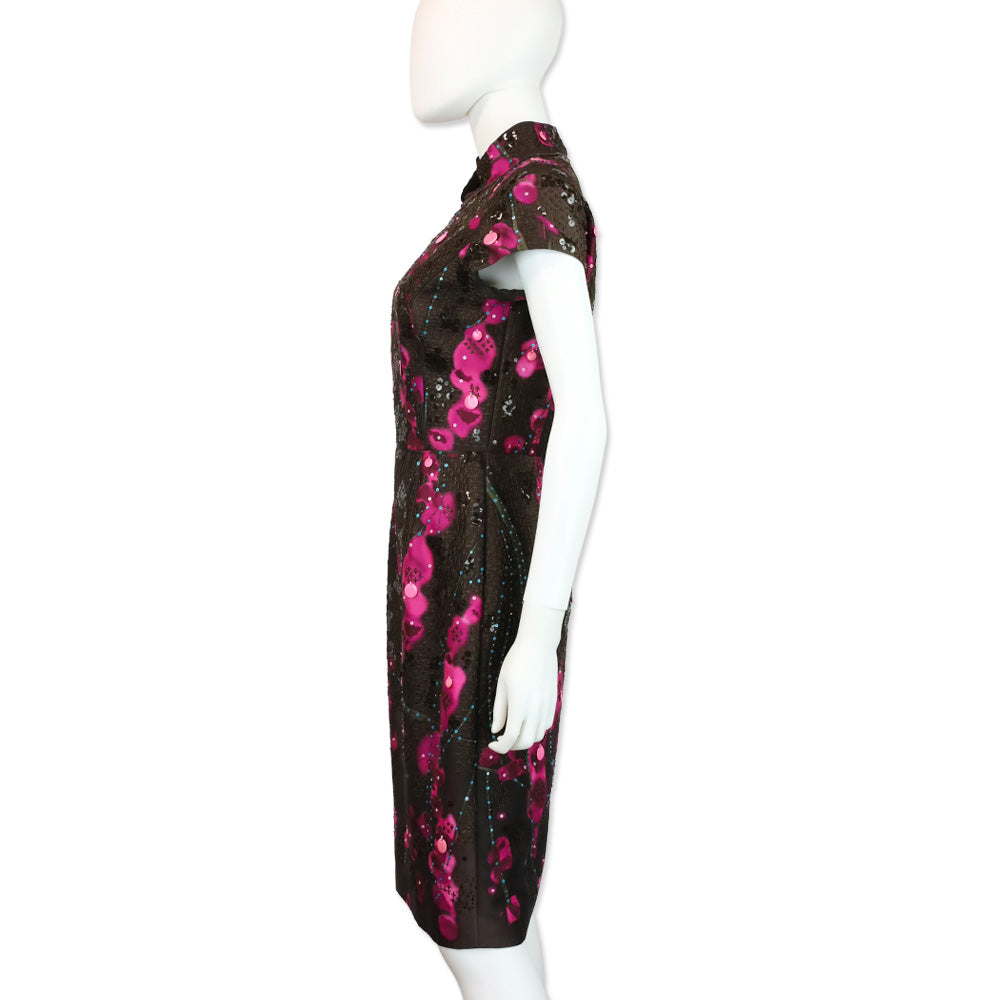 Oscar de la Renta 2008 Fall RTW Brown/Pink Sequin Embroidered High Neck Midi Dress