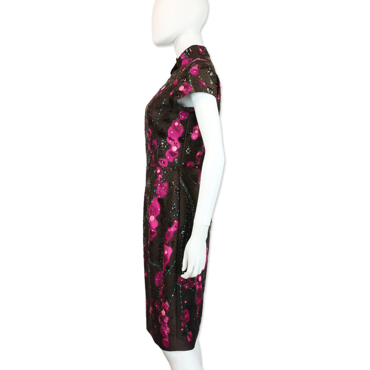 Oscar de la Renta 2008 Fall RTW Brown/Pink Sequin Embroidered High Neck Midi Dress