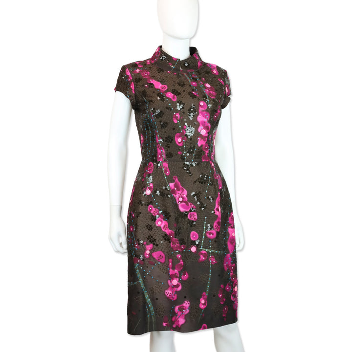 Oscar de la Renta 2008 Fall RTW Brown/Pink Sequin Embroidered High Neck Midi Dress