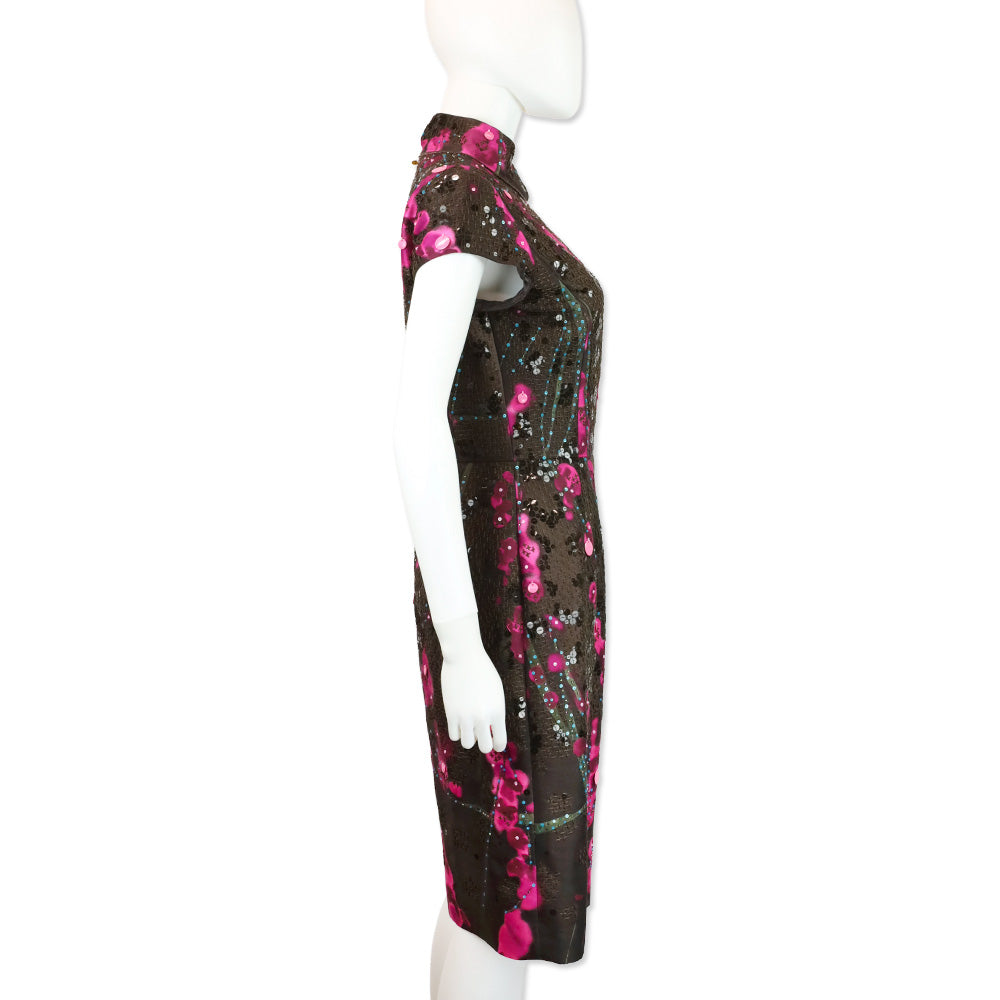 Oscar de la Renta 2008 Fall RTW Brown/Pink Sequin Embroidered High Neck Midi Dress