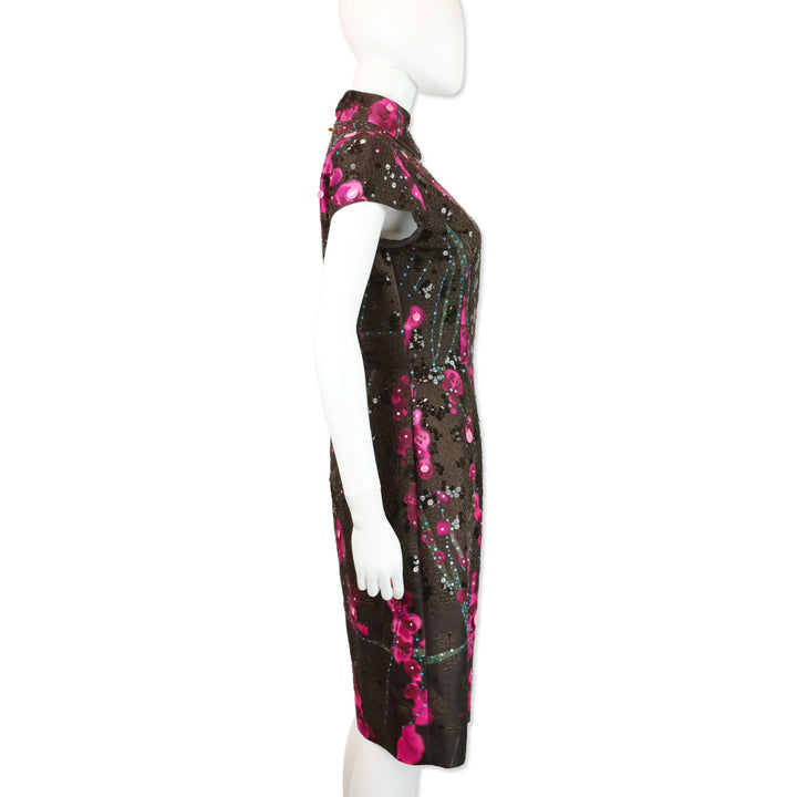 Oscar de la Renta 2008 Fall RTW Brown/Pink Sequin Embroidered High Neck Midi Dress